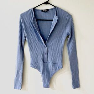 Missguided Blue Button up Ribbed Bodysuit